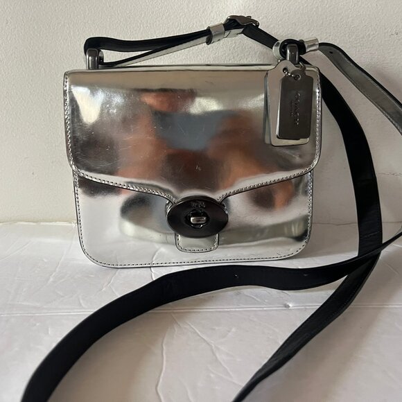 $398 AUTH COACH PAGE MINI CROSSBODY MIRROR METALLIC LEATHER BAG - Picture 1 of 8